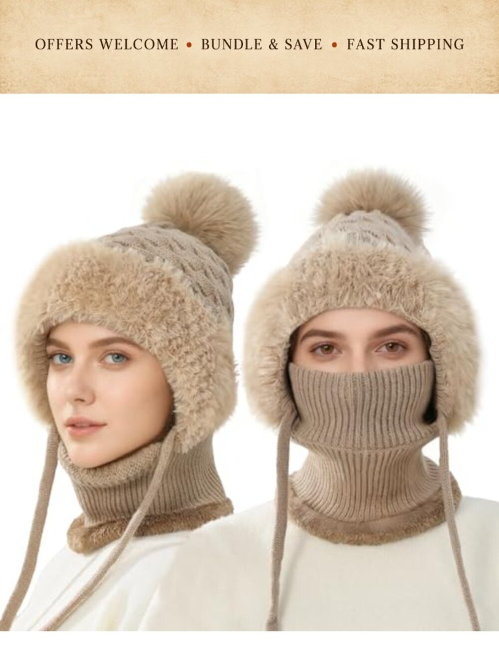3 in 1 Winter Beanie Hat Scarf Mask Set Pompom Windproof Plush Lined Knit